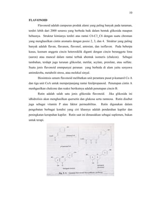 10

FLAVONOID
       Flavonoid adalah campuran produk alami yang paling banyak pada tanaman,
terdiri lebih dari 2000 senawa yang berbeda baik dalam bentuk glikosida maupun
bebasnya. Struktur kimianya terdiri atas rantai C6-C3_C6 dengan suatu chroman
yang menghasilkan cintin aromatis dengan posisi 2, 3, dan 4. Struktur yang paling
banyak adalah flavan, flavanon, flavonol, antosian, dan isoflavon. Pada beberpa
kasus, keenam anggota cincin heterosiklik diganti dengan cincin beranggota lima
(auron) atau muncul dalam rantai terbuk abentuk isomeris (chalcon).          Sebagai
tambahan, terdapt juga turunan glikosilat, metilat, acylate, prenilate, atau sulfate.
Suatu jenis flavonoid emmpunyai peranan yang berbeda di alam yaitu senyawa
antimikroba, metabolit stress, atau molekul sinyal.
       Biosintesis umum flavonoid melibatkan unit perantara pusat p-kumarol Co A
dan tiga unit CoA untuk memperpanjang rantai fenilpropanoid. Penutupan cintin A
menhgasilkan chalcone dan reaksi berikutnya adalah penutupan cincin B.
       Rutin adalah salah satu jenis glikosida flavonoid.        Jika glikosida ini
idhidrolisis akan menghasilkan quersetin dan glukosa serta ramnosa. Rutin disebut
juga sebagai vitamin P atau faktor permeabilitas.          Rutin digunakan dalam
pengobatan berbagai kondisi yang ciri khasnya adalah pendarahan kapiler dan
peningkatan kerapuhan kapiler. Rutin saat ini dimasukkan sebagai suplemen, bukan
untuk terapi.
 