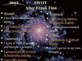 SWOT  After Frank Finn Strength  I have good observation ability . I am improving my English. I have positive attitude . Weakness I still have to improve my Spoken English  . I  am an absent minded person. Opportunities I work in field of science and become a scientist. I get good job in Aviation & hospitality industry. I get more success . Threats I can’t speak in front of people. I can’t get lot in my own thought.  