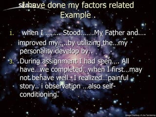 I have done my factors related Example .   when I …….. Stood…….My Father and…. improved my…..by utilizing the…my personality develop by.. During assignment I had seen…. All have…we completed…when I first…may not behave well…I realized…painful story.. i observation …also self-conditioning. 