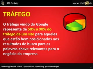 6TRÁFEGOO tráfego vindo do Google representa de 50% a 90% do tráfego de um site para aqueles que estão bem posicionados nos resultados de busca para as palavras-chave relevantes para o negócio da empresa.