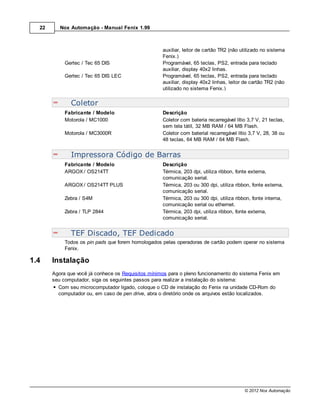 22      Nox Automação - Manual Fenix 1.99



                                                    auxiliar, leitor de cartão TR2 (não utilizado no sistema
                                                    Fenix.)
            Gertec / Tec 65 DIS                     Programável, 65 teclas, PS2, entrada para teclado
                                                    auxiliar, display 40x2 linhas.
            Gertec / Tec 65 DIS LEC                 Programável, 65 teclas, PS2, entrada para teclado
                                                    auxiliar, display 40x2 linhas, leitor de cartão TR2 (não
                                                    utilizado no sistema Fenix.)

              Coletor
            Fabricante / Modelo                     Descrição
            Motorola / MC1000                       Coletor com bateria recarregável lítio 3,7 V, 21 teclas,
                                                    sem tela tátil, 32 MB RAM / 64 MB Flash.
            Motorola / MC3000R                      Coletor com baterial recarregável lítio 3,7 V, 28, 38 ou
                                                    48 teclas, 64 MB RAM / 64 MB Flash.


              Impressora Código de Barras
            Fabricante / Modelo                     Descrição
            ARGOX / OS214TT                         Térmica, 203 dpi, utiliza ribbon, fonte externa,
                                                    comunicação serial.
            ARGOX / OS214TT PLUS                    Térmica, 203 ou 300 dpi, utiliza ribbon, fonte externa,
                                                    comunicação serial.
            Zebra / S4M                             Térmica, 203 ou 300 dpi, utiliza ribbon, fonte interna,
                                                    comunicação serial ou ethernet.
            Zebra / TLP 2844                        Térmica, 203 dpi, utiliza ribbon, fonte externa,
                                                    comunicação serial.


              TEF Discado, TEF Dedicado
            Todos os pin pads que forem homologados pelas operadoras de cartão podem operar no sistema
            Fenix.

1.4    Instalação
       Agora que você já conhece os Requisitos mínimos para o pleno funcionamento do sistema Fenix em
       seu computador, siga os seguintes passos para realizar a instalação do sistema:
         Com seu microcomputador ligado, coloque o CD de instalação do Fenix na unidade CD-Rom do
         computador ou, em caso de pen drive, abra o diretório onde os arquivos estão localizados.




                                                                                         © 2012 Nox Automação
 