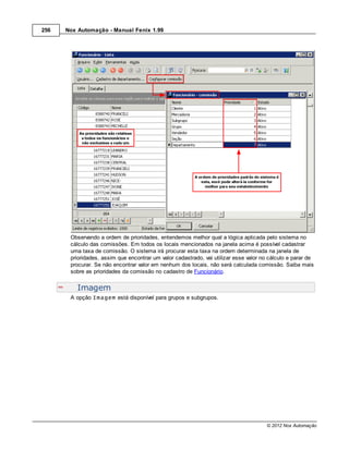 256   Nox Automação - Manual Fenix 1.99




       Observando a ordem de prioridades, entendemos melhor qual a lógica aplicada pelo sistema no
       cálculo das comissões. Em todos os locais mencionados na janela acima é possível cadastrar
       uma taxa de comissão. O sistema irá procurar esta taxa na ordem determinada na janela de
       prioridades, assim que encontrar um valor cadastrado, vai utilizar esse valor no cálculo e parar de
       procurar. Se não encontrar valor em nenhum dos locais, não será calculada comissão. Saiba mais
       sobre as prioridades da comissão no cadastro de Funcionário.


          Imagem
       A opção Imagem está disponível para grupos e subgrupos.




                                                                                      © 2012 Nox Automação
 