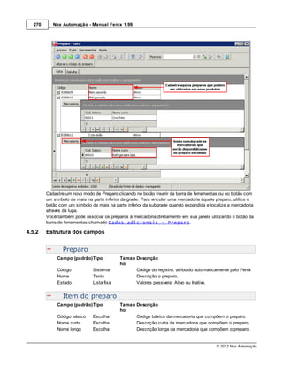 270      Nox Automação - Manual Fenix 1.99




         Cadastre um novo modo de Preparo clicando no botão Inserir da barra de ferramentas ou no botão com
         um símbolo de mais na parte inferior da grade. Para vincular uma mercadoria àquele preparo, utilize o
         botão com um símbolo de mais na parte inferior da subgrade quando expandida e localize a mercadoria
         através da lupa.
         Você também pode associar os preparos à mercadoria diretamente em sua janela utilizando o botão da
         barra de ferramentas chamado Dados adicionais - Preparo.

4.5.2    Estrutura dos campos


                 Preparo
              Campo (padrão)Tipo            Taman Descrição
                                            ho
              Código           Sistema            Código do registro, atribuido automaticamente pelo Fenix
              Nome             Texto              Descrição o preparo.
              Estado           Lista fixa         Valores possíveis: Ativo ou Inativo.


                 Item do preparo
              Campo (padrão)Tipo            Taman Descrição
                                            ho
              Código básico    Escolha            Código básico da mercadoria que compõem o preparo.
              Nome curto       Escolha            Descrição curta da mercadoria que compõem o preparo.
              Nome longo       Escolha            Descrição longa da mercadoria que compõem o preparo.


                                                                                           © 2012 Nox Automação
 