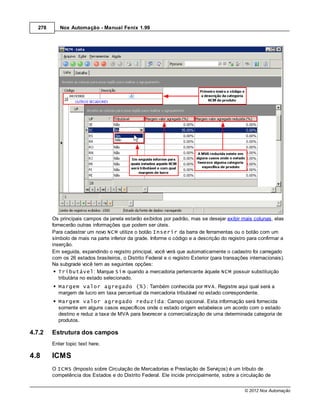 278      Nox Automação - Manual Fenix 1.99




         Os principais campos da janela estarão exibidos por padrão, mas se desejar exibir mais colunas, elas
         fornecerão outras informações que podem ser úteis.
         Para cadastrar um novo NCM utilize o botão Inserir da barra de ferramentas ou o botão com um
         símbolo de mais na parte inferior da grade. Informe o código e a descrição do registro para confirmar a
         inserção.
         Em seguida, expandindo o registro principal, você verá que automaticamente o cadastro foi carregado
         com os 26 estados brasileiros, o Distrito Federal e o registro Exterior (para transações internacionais).
         Na subgrade você tem as seguintes opções:
            Tributável: Marque Sim quando a mercadoria pertencente àquele NCM possuir substituição
            tributária no estado selecionado.
           Margem valor agregado (%): Também conhecida por MVA. Registre aqui qual será a
           margem de lucro em taxa percentual da mercadoria tributável no estado correspondente.
           Margem valor agregado reduzida: Campo opcional. Esta informação será fornecida
           somente em alguns casos específicos onde o estado origem estabelece um acordo com o estado
           destino e reduz a taxa de MVA para favorecer a comercialização de uma determinada categoria de
           produtos.

4.7.2    Estrutura dos campos
         Enter topic text here.

4.8      ICMS
         O ICMS (Imposto sobre Circulação de Mercadorias e Prestação de Serviços) é um tributo de
         competência dos Estados e do Distrito Federal. Ele incide principalmente, sobre a circulação de

                                                                                                © 2012 Nox Automação
 