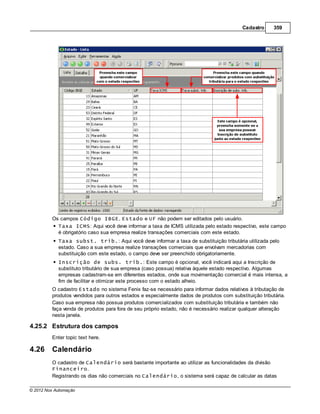Cadastro      359




         Os campos Código IBGE, Estado e UF não podem ser editados pelo usuário.
           Taxa ICMS: Aqui você deve informar a taxa de ICMS utilizada pelo estado respectivo, este campo
           é obrigatório caso sua empresa realize transações comerciais com este estado.
            Taxa subst. trib.: Aqui você deve informar a taxa de substituição tributária utilizada pelo
            estado. Caso a sua empresa realize transações comerciais que envolvam mercadorias com
            substituição com este estado, o campo deve ser preenchido obrigatoriamente.
            Inscrição de subs. trib.: Este campo é opcional, você indicará aqui a Inscrição de
            substituto tributário de sua empresa (caso possua) relativa àquele estado respectivo. Algumas
            empresas cadastram-se em diferentes estados, onde sua movimentação comercial é mais intensa, a
            fim de facilitar e otimizar este processo com o estado alheio.
         O cadastro Estado no sistema Fenix faz-se necessário para informar dados relativos à tributação de
         produtos vendidos para outros estados e especialmente dados de produtos com substituição tributária.
         Caso sua empresa não possua produtos comercializados com substituição tributária e também não
         faça venda de produtos para fora de seu próprio estado, não é necessário realizar qualquer alteração
         nesta janela.

4.25.2 Estrutura dos campos
         Enter topic text here.

4.26     Calendário
         O cadastro de Calendário será bastante importante ao utilizar as funcionalidades da divisão
         Financeiro.
         Registrando os dias não comerciais no Calendário, o sistema será capaz de calcular as datas

© 2012 Nox Automação
 