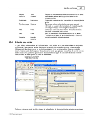 Vendas e clientes      421



               Preparo         Texto                Preparo da mercadoria escolhida na composição da venda.
               Produção        Sistema              Verifica se o produto vendido possui uma ficha de
                                                    produção ou não.
               Quantidade      Fracionário          Quantidade inserida de uma mercadoria na composição da
                                                    venda.
               Tipo item venda Sistema              Campo que retorna o tipo do item de venda que está
                                                    informado no cadastro da mercadoria. A mercadoria pode
                                                    ser do tipo Simples, Com variação ou Composta.
               Total           Valor                Campo que soma o subtotal menos descontos exibidos.
                                                    Não pode ser alterado pelo usuário.
               Valor           Valor                Valor da mercadoria inserida na composição da venda.
                                                    Composição do preço de venda + Acréscimo - Desconto.
               Vendedor        Ligação              Nome do vendedor vinculado a venda.
                               escolha

5.5.3    Criando uma venda
         O Fenix possui duas maneiras de criar uma venda. Uma através do PDV e outra através da retaguarda
         do Sistema. Podemos criar vendas diretamente ou através da conversão de outras fontes de dados
         (Retaguarda). Quando entramos na janela de venda pelo Fenix administração e clicamos no botão
         inserir, nota-se que é aberto a janela Consultar como venda que após ser preenchida, de acordo com os
         dados necessários, podemos gravar esses dados através da opção de conversão de dados existente
         tanto na barra de menu quanto na barra de ferramentas.




         Podemos criar uma venda também através de outras fontes de dados registradas anteriormente através


© 2012 Nox Automação
 