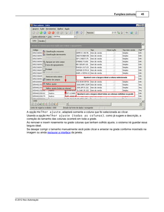 Funções comuns        45




         A opção Melhor ajuste, adaptará somente a coluna que foi selecionada ao clicar.
         Usando a opção Melhor ajuste (todas as colunas), como já sugere a descrição, a
         correção do tamanho das colunas ocorrerá em toda a grade.
         Ao remover e inserir novamente na grade colunas que tenham sofrido ajuste, o sistema irá guardar essa
         largura ideal.
         Se desejar corrigir o tamanho manualmente você pode clicar e arrastar na grade conforme mostrado na
         imagem ou ainda restaurar a interface da janela.




© 2012 Nox Automação
 