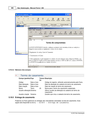 466      Nox Automação - Manual Fenix 1.99




5.10.4.2 Estrutura dos campos


                Termo de casamento
              Campo (padrão)Tipo            Taman Descrição
                                            ho
              Código            Data e hora       Código do registro, atribuído automaticamente pelo Fenix.
              Data alteração Data e hora          Data de alteração do cadastro do termo de casamento.
              Data criação      Data e hora       Data de criação do termo de casamento
              Nome              Texto       25    Nome para o termo de casamento cadastrado.
              Usuário alteração Sistema           Último usuário de alteração do cadastro do termo de
                                                  casamento.
              Usuário criação Sistema             Usuário que criou o cadastro de termo de casamento.

5.10.5 Entrega de casamento
         Podemos no Fenix gerenciar as entregas das mercadorias solicitadas na lista de casamento. Esta
         opção está disponível no menu - Exibir - Entrega de casamento.




                                                                                         © 2012 Nox Automação
 