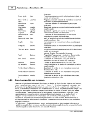 490      Nox Automação - Manual Fenix 1.99



                                                     fornecedor.
              Preço venda        Valor               Preço de venda da mercadoria selecionada e vinculada ao
                                                     pedido para fornecedor.
              Preço venda c/     Lista fixa          Preço de venda com desconto da mercadoria selecionada
              desc                                   e vinculada ao pedido para fornecedor.
              Quantidade         Texto               Quantidade aprovada da mercadoria no pedido para
              aprovada                               fornecedor.
              Quantidade         Ligação             Quantidade pedida da mercadoria selecionada no pedido
              pedida             escolha             para fornecedor.
              Quantidade         Ligação             Quantidade sugerida para pedido da mercadoria
              sugerida           escolha             selecionada no pedido para fornecedor.
              Quantidade últ.    Valor               Quantidade do último recebimento da mercadoria
              receb.                                 selecionada no pedido para fornecedor.
              Reposição (dias)   Valor               Valor de reposição da mercadoria selecionada no pedido
                                                     para fornecedor em dias.
              Seção              Valor               Nome da seção da mercadoria vinculada ao pedido para
                                                     fornecedor.
              Subgrupo           Sistema             Nome do subgrupo da mercadoria vinculada ao pedido para
                                                     fornecedor.
              Tipo item venda Sistema                Nome do tipo do item de venda da mercadoria vinculada ao
                                                     pedido para fornecedor.
                                                     Valores: Simples, Com variação, Composta.
              Total              Sistema             Preço total (Preço compra + Acréscimo - Desconto) da
                                                     mercadoria vinculada ao pedido para fornecedor..
              Unid. caixa        Sistema             Quantidade de Unidades me caixa para venda da
                                                     mercadoria vinculada ao pedido para fornecedor.
              Unidade            Sistema             Unidade de pedido da mercadoria.Ex: Caixa (Cx).
              Us. alteração      Sistema             Usuário de alteração do registro de mercadoria no pedido
                                                     para fornecedor.
              Venda mês/ano 1Sistema                 Quantidade de vendas de uma mercadoria selecionada
                                                     durante o último mês.
              Venda mês/ano 2Sistema                 Quantidade de vendas de uma mercadoria selecionada
                                                     durante o penúltimo mês.
              Venda mês/ano Sistema                  Quantidade de vendas de uma mercadoria selecionada
              3                                      durante o antepenúltimo mês.

6.2.3    Criando um pedido para fornecedor
         Para criar um novo pedido segue-se o padrão para as janelas de dados, ou seja, pode-se utilizar botão
         Inserir, a tecla Insert ou o menu Arquivos - Inserir. Se estiver visualizando a janela em lista
         deve-se observar qual grade está selecionada neste momento. Se for a superior será criado um novo
         pedido, se for a inferior será inserida uma nova mercadoria no pedido. Na janela de detalhe sempre será
         inserido um novo pedido, a menos que seja utilizada a barra de botões localizada acima das grades
         com informações. Para auxiliar a criação do pedido existe um assistente para o cabeçalho e outro
         separado para as mercadorias, sendo que estes são opcionais, ou seja, se as opções: Inserir o
         cabeçalho com assistente e Inserir a mercadoria com assistente, ambos disponíveis no menu
         Ferramentas, estiverem marcados então as janelas de auxílio serão exibidas. Antes de explicar o
         processo de criação e gerenciamento dos pedidos é necessário entender os estados que um pedido
         pode estar no sistema:
           Elaborado: Estágio inicial de um pedido. Nesta etapa pode-se alterar qualquer informação do
           pedido ou apagá-lo. Para empresas que não necessitam de aprovação do pedido por usuário diferente
           da criação pode-se pular diretamente para o estado Aprovado.


                                                                                             © 2012 Nox Automação
 