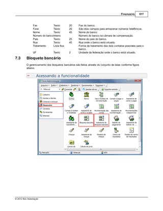 Financeiro         617



               Fax            Texto         20       Fax do banco.
               Fone           Texto         20       São dois campos para armazenar números telefônicos.
               Nome           Texto         45       Nome do banco.
               Número do bancoInteiro                Número do banco na câmara de compensação.
               País           Texto         25       Nome do país do banco.
               Rua            Texto         45       Rua onde o banco está situado.
               Tratamento     Lista fixa             Forma de tratamento dos dois contatos possíveis para o
                                                     banco.
               UF              Texto        2        Unidade da federação onde o banco está situado.

7.3      Bloqueto bancário
         O gerenciamento dos bloquetos bancários são feitos através do conjunto de telas conforme figura
         abaixo.


                  Acessando a funcionalidade




© 2012 Nox Automação
 