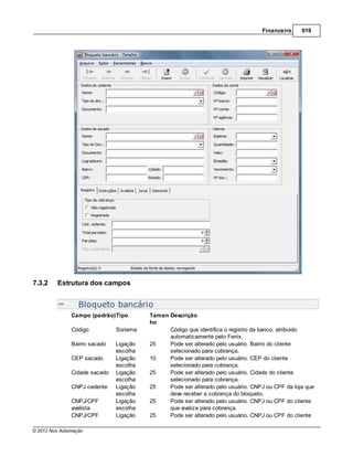 Financeiro     619




7.3.2    Estrutura dos campos


                  Bloqueto bancário
               Campo (padrão)Tipo        Taman Descrição
                                         ho
               Código          Sistema         Código que identifica o registro da banco, atribuido
                                               automaticamente pelo Fenix.
               Bairro sacado   Ligação   25    Pode ser alterado pelo usuário. Bairro do cliente
                               escolha         selecionado para cobrança.
               CEP sacado      Ligação   10    Pode ser alterado pelo usuário. CEP do cliente
                               escolha         selecionado para cobrança.
               Cidade sacado   Ligação   25    Pode ser alterado pelo usuário. Cidade do cliente
                               escolha         selecionado para cobrança.
               CNPJ cedente    Ligação   25    Pode ser alterado pelo usuário. CNPJ ou CPF da loja que
                               escolha         deve receber a cobrança do bloqueto.
               CNPJ/CPF        Ligação   25    Pode ser alterado pelo usuário. CNPJ ou CPF do cliente
               avalista        escolha         que avaliza para cobrança.
               CNPJ/CPF        Ligação   25    Pode ser alterado pelo usuário. CNPJ ou CPF do cliente

© 2012 Nox Automação
 