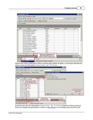 Funções comuns         69




         Observe que mesmo realizando os filtros somente pelos atalhos da grade, a construção realizada fica
         salva na caixa de informações Construtor de filtros.




         A estrutura da caixa de informações Construtor de filtros é bastante similar à janela de
         filtros por condição que aprendemos a utilizar no item anterior e os comandos para criar filtros nela


© 2012 Nox Automação
 
