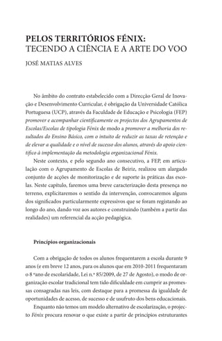 PELOS TERRITÓRIOS FÉNIX:
TECENDO A CIÊNCIA E A ARTE DO VOO
JOSÉ MATIAS ALVES




     No âmbito do contrato estabelecido com a Direcção Geral de Inova-
ção e Desenvolvimento Curricular, é obrigação da Universidade Católica
Portuguesa (UCP), através da Faculdade de Educação e Psicologia (FEP)
promover e acompanhar cientificamente os projectos dos Agrupamentos de
Escolas/Escolas de tipologia Fénix de modo a promover a melhoria dos re-
sultados do Ensino Básico, com o intuito de reduzir as taxas de retenção e
de elevar a qualidade e o nível de sucesso dos alunos, através do apoio cien-
tifico à implementação da metodologia organizacional Fénix.
     Neste contexto, e pelo segundo ano consecutivo, a FEP, em articu-
lação com o Agrupamento de Escolas de Beiriz, realizou um alargado
conjunto de acções de monitorização e de suporte às práticas das esco-
las. Neste capítulo, faremos uma breve caracterização desta presença no
terreno, explicitaremos o sentido da intervenção, convocaremos alguns
dos significados particularmente expressivos que se foram registando ao
longo do ano, dando voz aos autores e construindo (também a partir das
realidades) um referencial da acção pedagógica.



   Princípios organizacionais

    Com a obrigação de todos os alunos frequentarem a escola durante 9
anos (e em breve 12 anos, para os alunos que em 2010-2011 frequentaram
o 8 ºano de escolaridade, Lei n.º 85/2009, de 27 de Agosto), o modo de or-
ganização escolar tradicional tem tido dificuldade em cumprir as promes-
sas consagradas nas leis, com destaque para a promessa da igualdade de
oportunidades de acesso, de sucesso e de usufruto dos bens educacionais.
    Enquanto não temos um modelo alternativo de escolarização, o projec-
to Fénix procura renovar o que existe a partir de princípios estruturantes
 