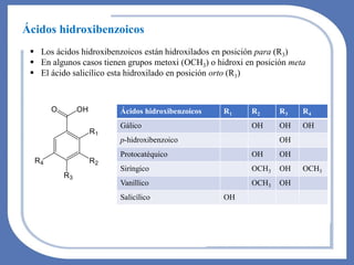 Ácidos hidroxibenzoicos
▪ Los ácidos hidroxibenzoicos están hidroxilados en posición para (R3)
▪ En algunos casos tienen grupos metoxi (OCH3) o hidroxi en posición meta
▪ El ácido salicílico esta hidroxilado en posición orto (R1)
Ácidos hidroxibenzoicos R1 R2 R3 R4
Gálico OH OH OH
p-hidroxibenzoico OH
Protocatéquico OH OH
Siríngico OCH3 OH OCH3
Vaníllico OCH3 OH
Salicílico OH
 