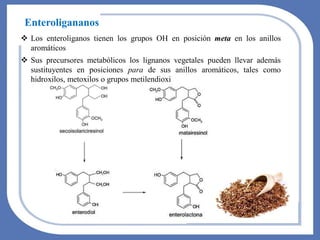 ❖ Los enteroliganos tienen los grupos OH en posición meta en los anillos
aromáticos
❖ Sus precursores metabólicos los lignanos vegetales pueden llevar además
sustituyentes en posiciones para de sus anillos aromáticos, tales como
hidroxilos, metoxilos o grupos metilendioxi
Enteroligananos
 