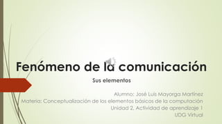 Fenómeno de la comunicación
Sus elementos
Alumno: José Luis Mayorga Martínez
Materia: Conceptualización de los elementos básicos de la computación
Unidad 2, Actividad de aprendizaje 1
UDG Virtual

 