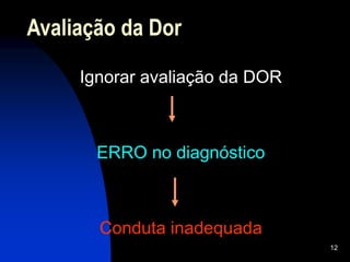 12
Avaliação da Dor
Ignorar avaliação da DOR
ERRO no diagnóstico
Conduta inadequada
 