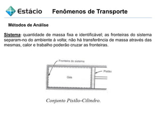 Fenômenos de Transporte
Métodos de Análise
Sistema: quantidade de massa fixa e identificável; as fronteiras do sistema
separam-no do ambiente à volta; não há transferência de massa através das
mesmas, calor e trabalho poderão cruzar as fronteiras.
 