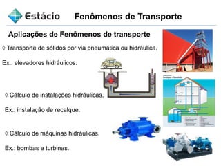 Fenômenos de Transporte
Aplicações de Fenômenos de transporte
◊ Transporte de sólidos por via pneumática ou hidráulica.
Ex.: elevadores hidráulicos.
◊ Cálculo de instalações hidráulicas.
Ex.: instalação de recalque.
◊ Cálculo de máquinas hidráulicas.
Ex.: bombas e turbinas.
 