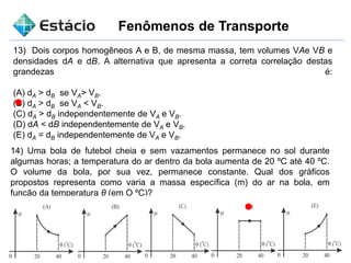 Fenômenos de Transporte
13) Dois corpos homogêneos A e B, de mesma massa, tem volumes VAe VB e
densidades dA e dB. A alternativa que apresenta a correta correlação destas
grandezas é:
(A) dA > dB se VA> VB.
(B) dA > dB se VA < VB.
(C) dA > dB independentemente de VA e VB.
(D) dA < dB independentemente de VA e VB.
(E) dA = dB independentemente de VA e VB.
14) Uma bola de futebol cheia e sem vazamentos permanece no sol durante
algumas horas; a temperatura do ar dentro da bola aumenta de 20 ºC até 40 ºC.
O volume da bola, por sua vez, permanece constante. Qual dos gráficos
propostos representa como varia a massa específica (m) do ar na bola, em
função da temperatura θ (em O ºC)?
 
