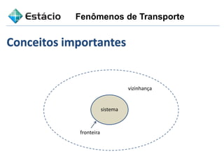 Conceitos importantes
sistema
vizinhança
fronteira
Fenômenos de Transporte
 