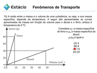 Fenômenos de Transporte
15) A razão entre a massa e o volume de uma substância, ou seja, a sua massa
específica, depende da temperatura. A seguir são apresentadas as curvas
aproximadas da massa em função do volume para o álcool e o ferro, ambos à
temperatura de 0 ºC.
Considere μF a massa específica
do ferro e μA a massa específica do
álcool.
μF/μA é igual a:
(A) 4
(B) 8
(C) 10
(D) 20
 