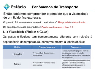 Fenômenos de Transporte
Então, podemos compreender e perceber que a viscosidade
de um fluido fica expressa:
O que são fluidos newtoniados e não newtonianos? Respondido mais a frente.
De que depende essa propriedade?
1.1) Viscosidade (Fluidos x Gases)
Os gases e líquidos tem comportamento diferente com relação à
dependência da temperatura, conforme mostra a tabela abaixo:
Fluido Comportamento Fenômeno
Líquidos
A viscosidade diminui com a
temperatura
Tem espaçamento pequeno entre as
moléculas e ocorre a redução
da atração molecular com o aumento
da temperatura
Gases
A viscosidade aumenta com a
temperatura
Tem espaçamento entre as moléculas
grandes e ocorre o aumento do
choque entre moléculas com o
aumento da temperatura.
Conforme descreve o item 1.1
 