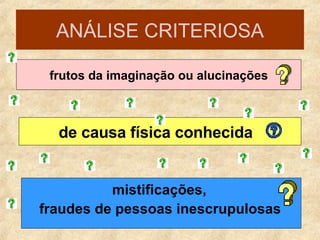 ANÁLISE CRITERIOSA frutos da imaginação ou alucinações de causa física conhecida  mistificações,  fraudes de pessoas inescrupulosas   