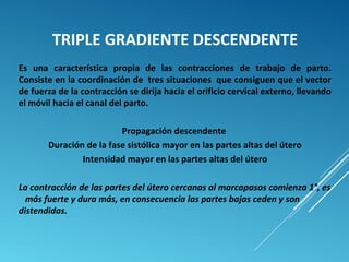 TRIPLE GRADIENTE DESCENDENTE 
Es una característica propia de las contracciones de trabajo de parto. 
Consiste en la coordinación de tres situaciones que consiguen que el vector 
de fuerza de la contracción se dirija hacia el orificio cervical externo, llevando 
el móvil hacia el canal del parto. 
Propagación descendente 
Duración de la fase sistólica mayor en las partes altas del útero 
Intensidad mayor en las partes altas del útero 
La contracción de las partes del útero cercanas al marcapasos comienza 1°, es 
más fuerte y dura más, en consecuencia las partes bajas ceden y son 
distendidas. 
 