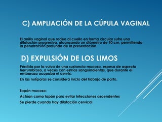 C) AMPLIACIÓN DE LA CÚPULA VAGINAL 
El anillo vaginal que rodea al cuello en forma circular sufre una 
dilatación progresiva, alcanzando un diámetro de 10 cm, permitiendo 
la penetración profunda de la presentación. 
D) EXPULSIÓN DE LOS LIMOS 
Pérdida por la vulva de una sustancia mucosa, espesa de aspecto 
herrumbroso, a veces con estrías sanguinolentas, que durante el 
embarazo ocupaba el cervix. 
En las nulíparas se considera inicio del trabajo de parto. 
Tapón mucoso: 
Actúan como tapón para evitar infecciones ascendentes 
Se pierde cuando hay dilatación cervical 
 