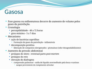 Gasosa
 Fase gasosa ou enfisematosa decorre do aumento de volume pelos
gases da putrefação.
 Cronologia
 perceptibilidade - 48 a 72 horas
 grau máximo - 5 a 7 dias
 Mecanismo
 ação de bactérias saprófitas
 Formação de gases da putrefação - inflamáveis
 decomposição protéica
 liberação de compostos nitrogenados - ptomaínas (odor desagradabilíssimo)
 Aumento da pressão abdominal
 prolapso do útero - eventual parto post-mortem
 prolapso do reto
 elevação do diafragma
 compressão pulmonar - saída de líquido avermelhado pela boca e narinas
 sangue proveniente do rompimento alveolar
 