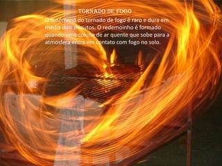 tornado de fogo
O fenômeno do tornado de fogo é raro e dura em
média dois minutos. O redemoinho é formado
quando uma coluna de ar quente que sobe para a
atmosfera entra em contato com fogo no solo.
 