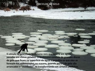 Círculos de gelo
O círculo de gelo é um fenômeno raro que ocorre em águas
paradas em climas gelados. O fenômeno consiste de grandes discos
de gelo que ficam na superfície da água, e acredita-se que eles se
formam em redemoinhos no oceano, quando partes de gelo são
arrancadas e “moldadas”, se transformando em círculos perfeitos.
 