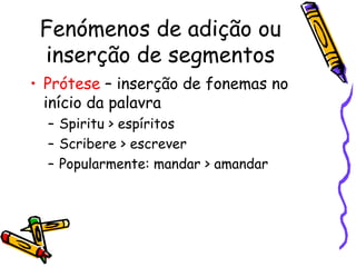 Fenómenos de adição ou inserção de segmentos Prótese  – inserção de fonemas no início da palavra Spiritu > espíritos Scribere > escrever Popularmente: mandar > amandar 