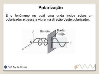 Polarização
É o fenômeno no qual uma onda incide sobre um
polarizador e passa a vibrar na direção deste polarizador.
Prof. Ary de Oliveira
 