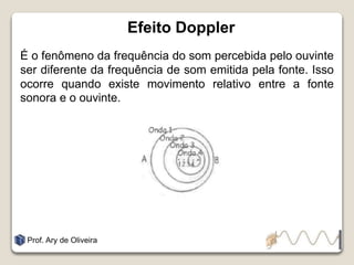 Efeito Doppler
É o fenômeno da frequência do som percebida pelo ouvinte
ser diferente da frequência de som emitida pela fonte. Isso
ocorre quando existe movimento relativo entre a fonte
sonora e o ouvinte.
Prof. Ary de Oliveira
 