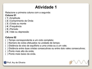 Atividade 1
Relacione a primeira coluna com a segunda:
Coluna 01
( 1 ) Amplitude
( 2 ) Comprimento de Onda
( 3 ) Crista ou monte
( 4 ) Frequência
( 5 ) Período
( 6 ) Vale ou depressão
Coluna 02
( ) Tempo correspondente a um ciclo completo;
( ) Número de ciclos efetuados na unidade de tempo;
( ) Distância do eixo de equilíbrio a uma crista ou a um vale;
( ) Distância entre duas cristas consecutivas ou entre dois vales consecutivos;
( ) Ponto mais alto da onda;
( ) Ponto mais baixo da onda.
Prof. Ary de Oliveira
 