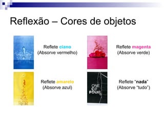 Reflexão – Cores de objetos
Reflete ciano
(Absorve vermelho)
Reflete magenta
(Absorve verde)
Reflete “nada”
(Absorve “tudo”)
Reflete amarelo
(Absorve azul)
 