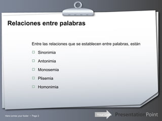 Relaciones entre palabras <ul><li>Entre las relaciones que se establecen entre palabras, están  </li></ul><ul><li>Sinonimi...