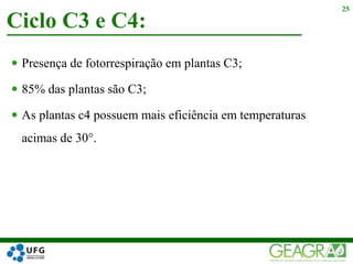  Presença de fotorrespiração em plantas C3;
 85% das plantas são C3;
 As plantas c4 possuem mais eficiência em temperaturas
acimas de 30°.
Ciclo C3 e C4:
25
 
