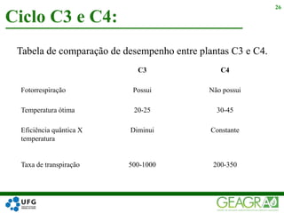 Tabela de comparação de desempenho entre plantas C3 e C4.
Ciclo C3 e C4:
26
C3 C4
Fotorrespiração Possui Não possui
Temperatura ótima 20-25 30-45
Eficiência quântica X
temperatura
Diminui Constante
Taxa de transpiração 500-1000 200-350
 