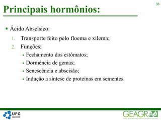  Ácido Abscísico:
1. Transporte feito pelo floema e xilema;
2. Funções:
 Fechamento dos estômatos;
 Dormência de gemas;
 Senescência e abscisão;
 Indução a síntese de proteínas em sementes.
Principais hormônios:
33
 