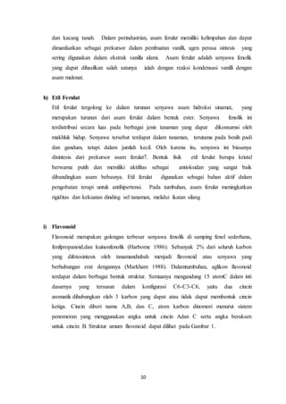10
dan kacang tanah. Dalam perindustrian, asam ferulat memiliki kelimpahan dan dapat
dimanfaatkan sebagai prekursor dalam pembuatan vanilli, agen perasa sintesis yang
sering digunakan dalam ekstrak vanilla alami. Asam ferulat adalah senyawa fenolik
yang dapat dihasilkan salah satunya ialah dengan reaksi kondensasi vanilli dengan
asam malonat.
h) Etil Ferulat
Etil ferulat tergolong ke dalam turunan senyawa asam hidroksi sinamat, yang
merupakan turunan dari asam ferulat dalam bentuk ester. Senyawa fenolik ini
terdistribusi secara luas pada berbagai jenis tanaman yang dapat dikonsumsi oleh
makhluk hidup. Senyawa tersebut terdapat dalam tanaman, terutama pada benih padi
dan gandum, tetapi dalam jumlah kecil. Oleh karena itu, senyawa ini biasanya
disintesis dari prekursor asam ferulat7. Bentuk fisik etil ferulat berupa kristal
berwarna putih dan memiliki aktifitas sebagai antioksidan yang sangat baik
dibandingkan asam bebasnya. Etil ferulat digunakan sebagai bahan aktif dalam
pengobatan terapi untuk antihipertensi. Pada tumbuhan, asam ferulat meningkatkan
rigiditas dan kekuatan dinding sel tanaman, melalui ikatan silang
i) Flavonoid
Flavonoid merupakan golongan terbesar senyawa fenolik di samping fenol sederhana,
fenilpropanoid,dan kuinonfenolik (Harborne 1986). Sebanyak 2% dari seluruh karbon
yang difotosintesis oleh tanamandiubah menjadi flavonoid atau senyawa yang
berhubungan erat dengannya (Markham 1988). Dalamtumbuhan, aglikon flavonoid
terdapat dalam berbagai bentuk struktur. Semuanya mengandung 15 atomC dalam inti
dasarnya yang tersusun dalam konfigurasi C6-C3-C6, yaitu dua cincin
aromatik dihubungkan oleh 3 karbon yang dapat atau tidak dapat membentuk cincin
ketiga. Cincin diberi nama A,B, dan C, atom karbon dinomori menurut sistem
penomoran yang menggunakan angka untuk cincin Adan C serta angka beraksen
untuk cincin B. Struktur umum flavonoid dapat dilihat pada Gambar 1.
 