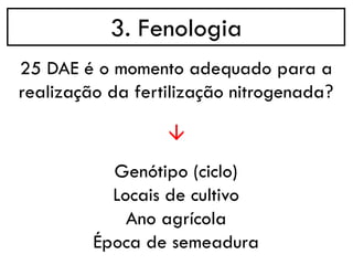 3. Fenologia
→
25 DAE é o momento adequado para a
realização da fertilização nitrogenada?
Genótipo (ciclo)
Locais de cultivo
Ano agrícola
Época de semeadura
 