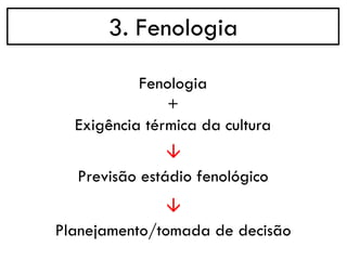 3. Fenologia
→
Fenologia
+
Exigência térmica da cultura
Previsão estádio fenológico
→
Planejamento/tomada de decisão
 