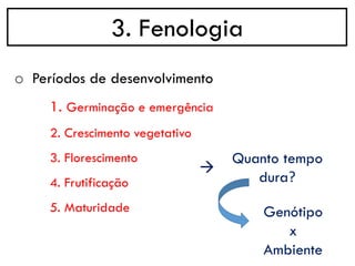 3. Fenologia
o Períodos de desenvolvimento
1. Germinação e emergência
2. Crescimento vegetativo
3. Florescimento
4. Frutificação
5. Maturidade
→
Quanto tempo
dura?
Genótipo
x
Ambiente
 