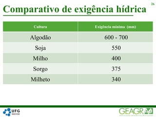 Comparativo de exigência hídrica
26
Cultura Exigência mínima (mm)
Algodão 600 - 700
Soja 550
Milho 400
Sorgo 375
Milheto 340
 