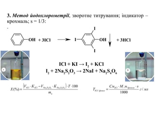 OH OH
I
I
I+ 3ICl + 3HCl
3. Метод йодохлорометрії, зворотне титрування; індикатор –
крохмаль; s = 1/3:
.
ICl + KI → I2
+ KCl
I2
+ 2Na2
S2
O3
→ 2NaI + Na2
S4
O6
млг
sмМСм
T
фенолуICl
фенолICl /
1000
..
/
⋅⋅
=
( )
н
OSNaOSNaIClICl
m
ТКVКV
X
100
(%) 322322
⋅⋅⋅−⋅
=
 