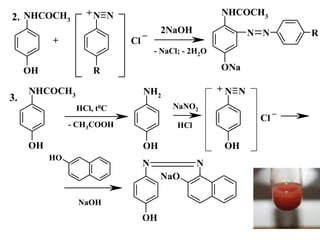 NHCOCH3
OH
N
R
N
NN
NHCOCH3
ONa
R
- NaCl; - 2H2O
+
2NaOH
Cl
_
+
2.
3.
NHCOCH3
OH
NH2
OH
N
OH
N
OH
N
OH
N
NaO
HCl, t0C NaNO2
Cl
+
NaOH
- CH3COOH HCl
_
 