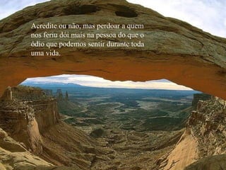 Acredite ou não, mas perdoar a quem
nos feriu dói mais na pessoa do que o
ódio que podemos sentir durante toda
uma vida.
 